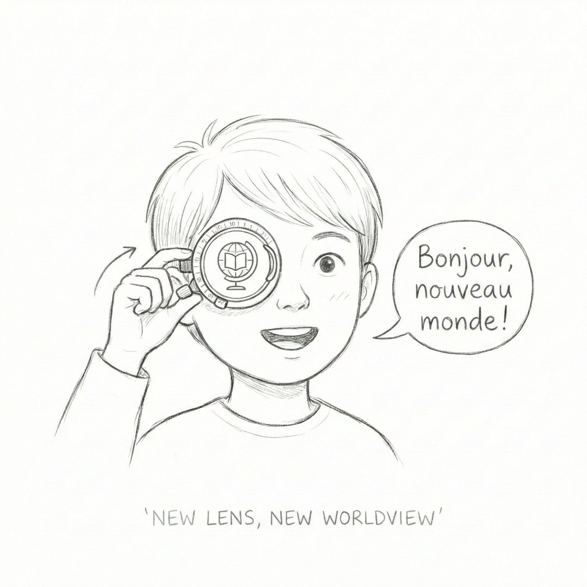 Person looking through a lens at the world saying Bonjour nouveau monde sketch