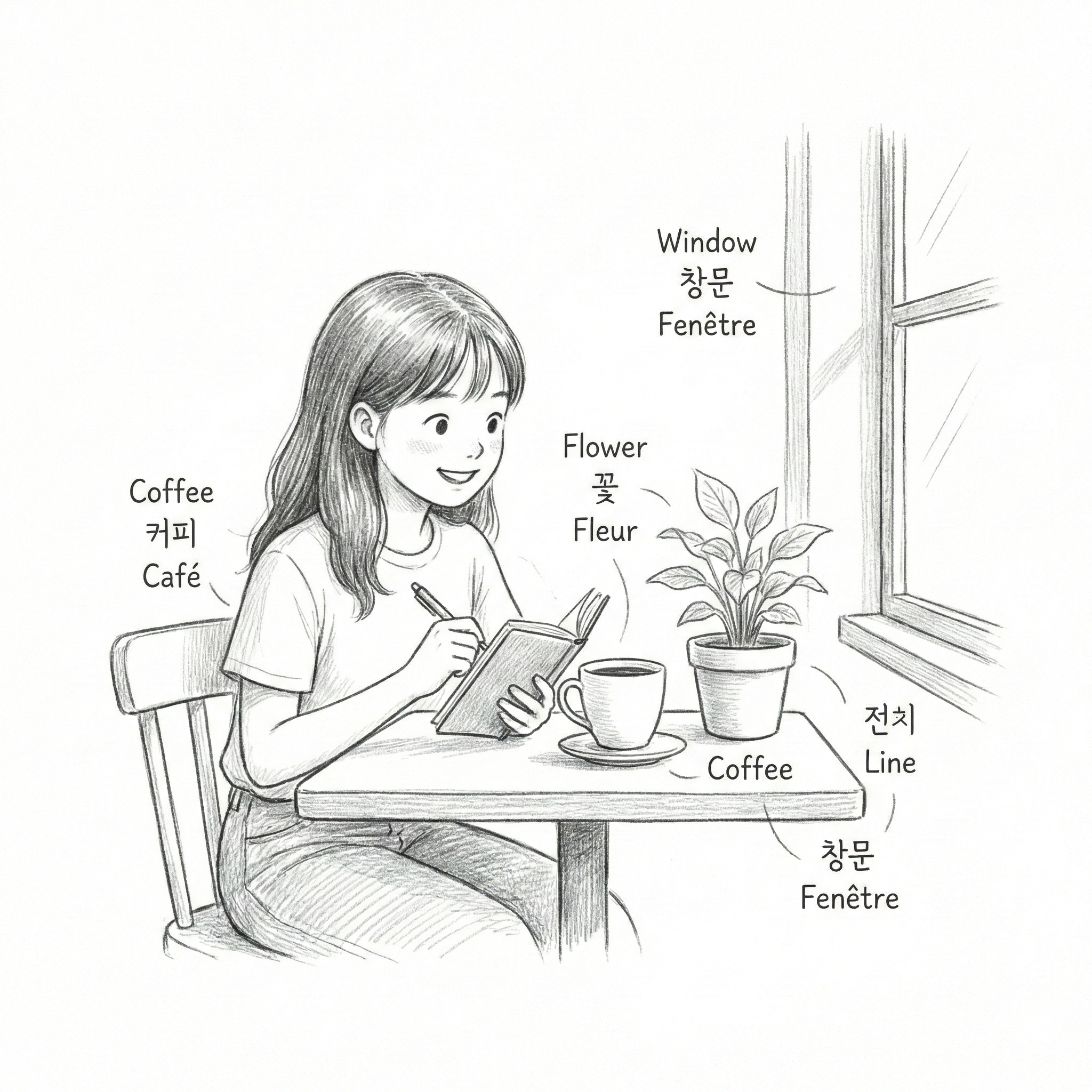 Girl writing in notebook at cafe with multilingual labels sketch