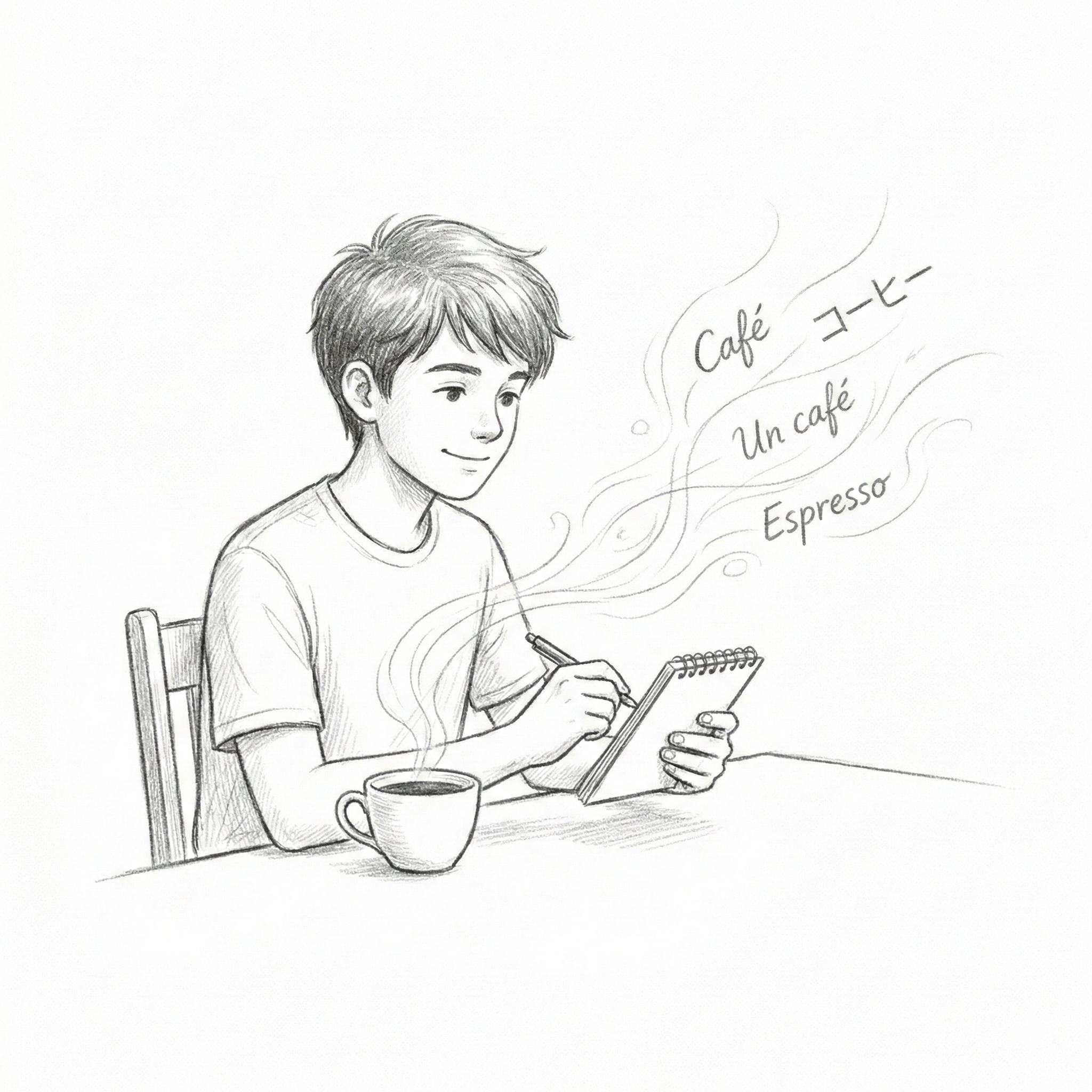 Person writing in notebook with coffee and multilingual words floating sketch