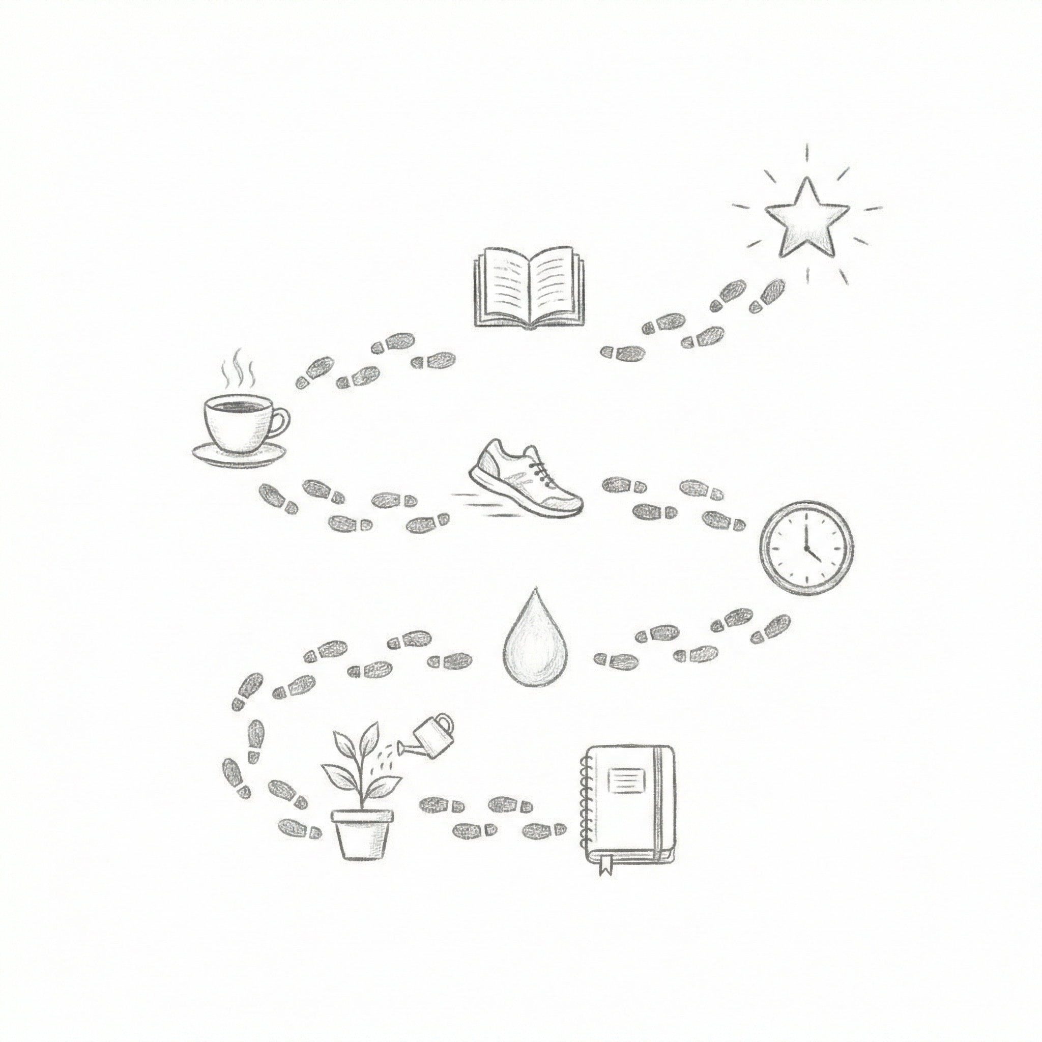 Footsteps connecting daily routine items - coffee, book, running shoes, clock, plant, notebook sketch