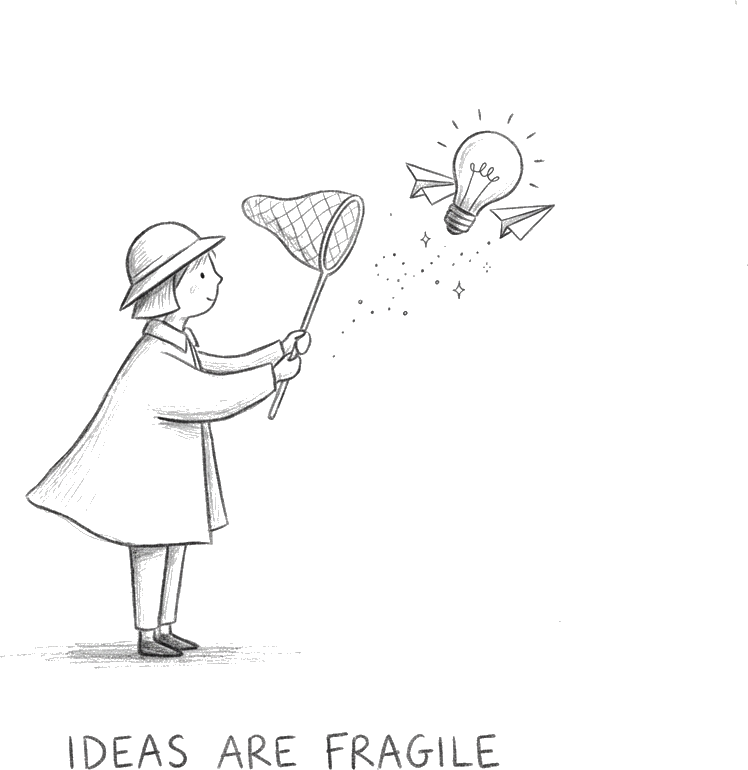 Person trying to catch a flying idea with a net sketch