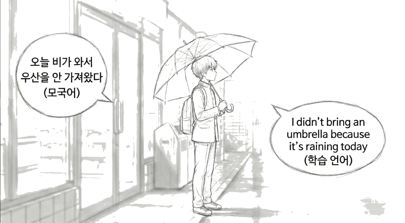 비가 와서 우산 없이 서 있는 모습